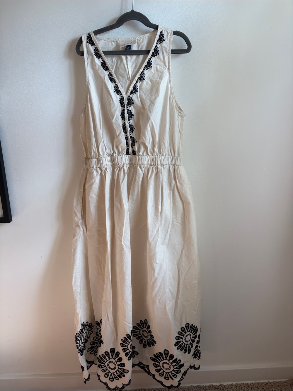 Universal Thread Sleeveless Cream Midi Dress with Black Embroidered Trim